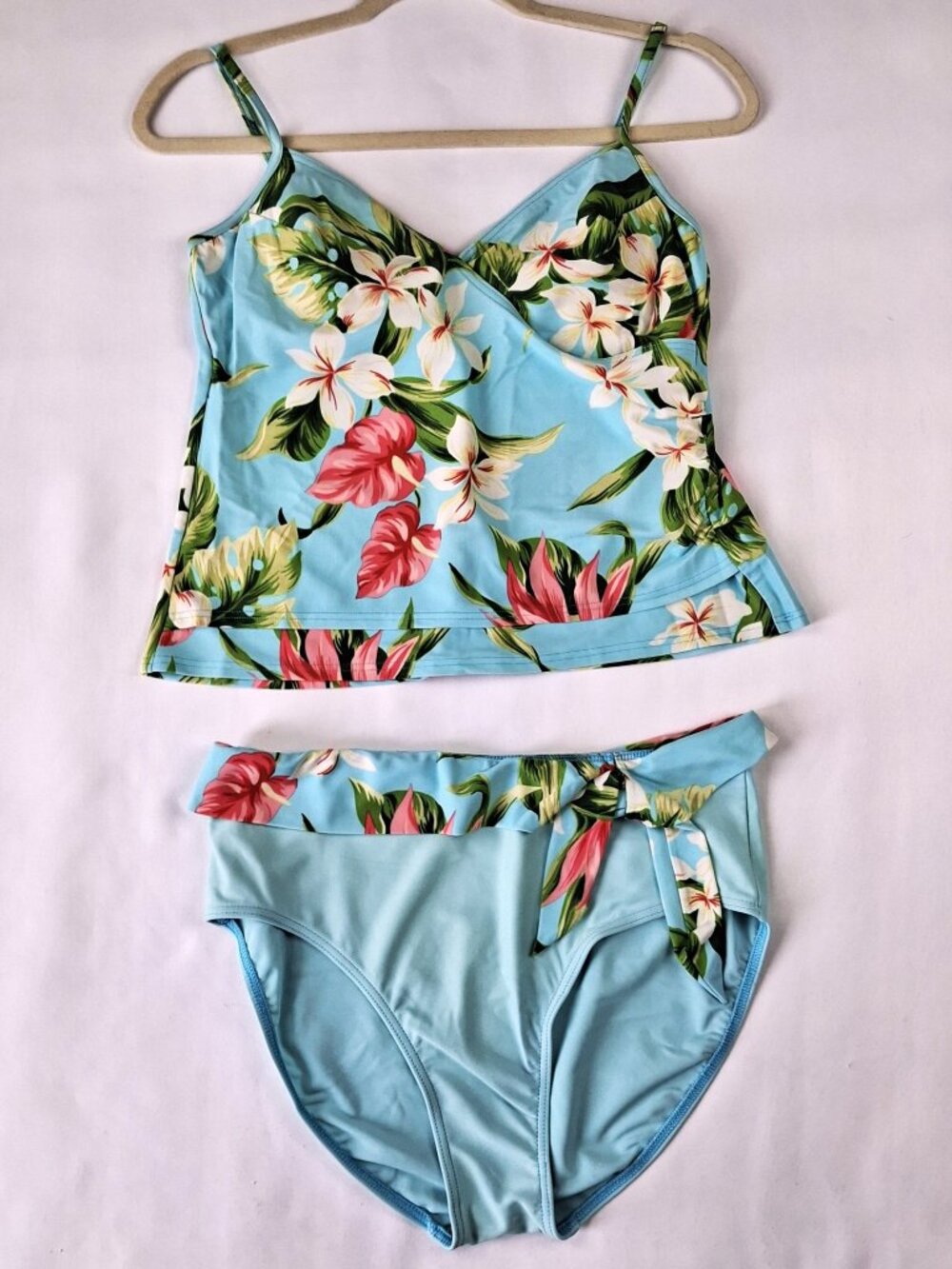 Christina Womens Sz LG Tropical Wrap Style Front Floral Tankini Set  Blue Floral